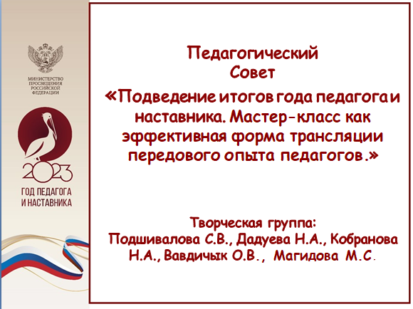 Педагогический  Совет «Подведение итогов года педагога и наставника. Мастер-класс как эффективная форма трансляции передового опыта педагогов.».